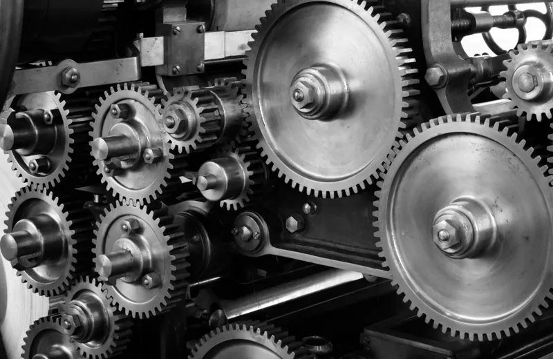 Close-up of interlocking industrial gears